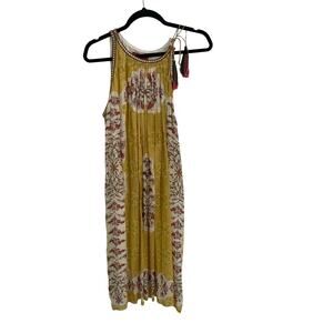 Bhanuni by Jyoti Yellow Floral Tassel Tie Shoulder Midi Dress Womens Large AS IS